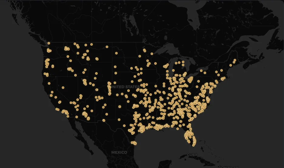 Map of the United States showing e4473 customer locations, with gold points across the South, Midwest, Mountain West, and both coasts.